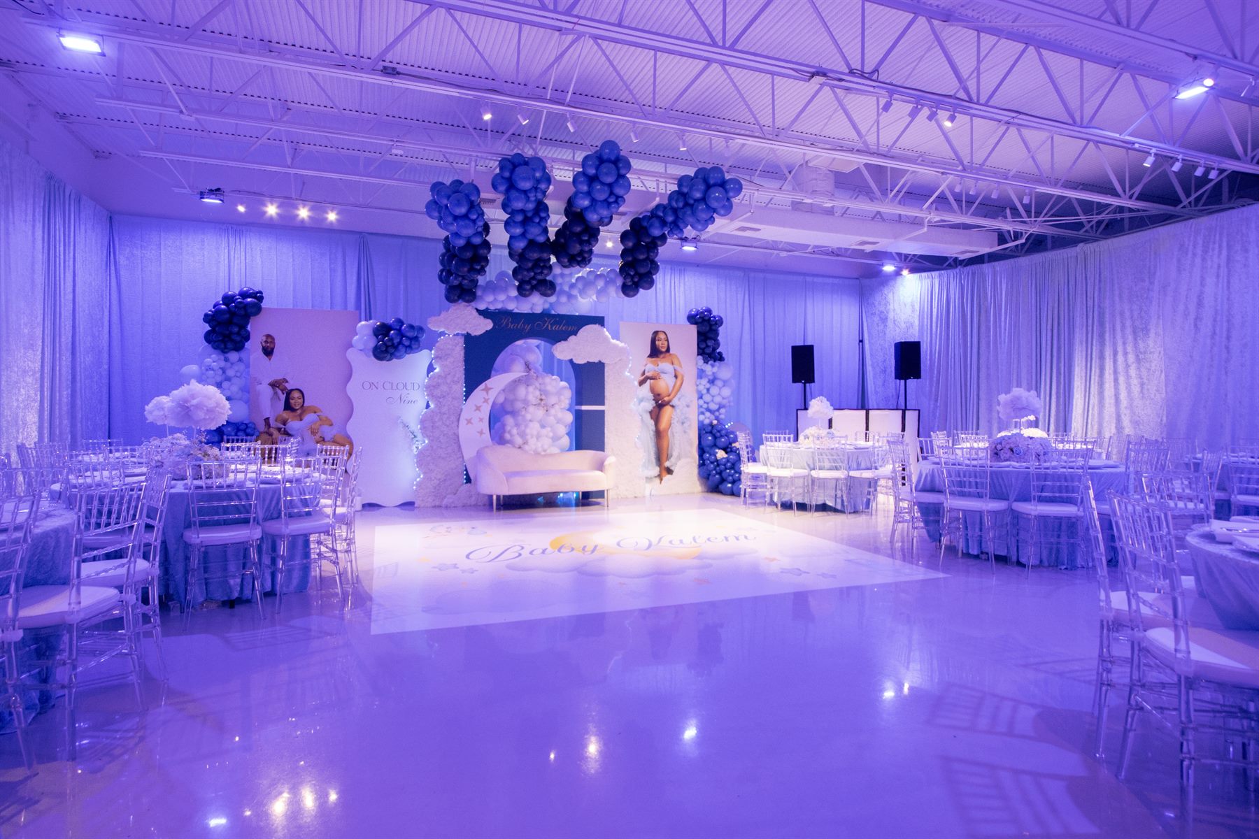 Wide view of Baby Kalem shower — full ballroom with dance floor