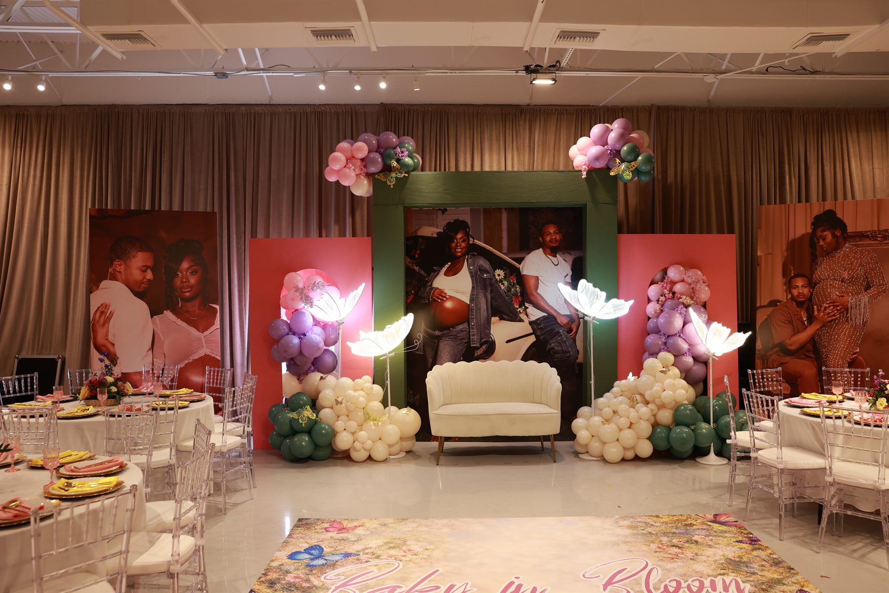 Baby in Bloom shower — sage and rose tablescape with green archway